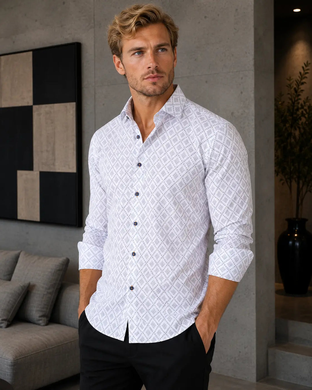 Men's White Diamond Print Shirt with Navy Micro-Pattern | Bespoke Moda