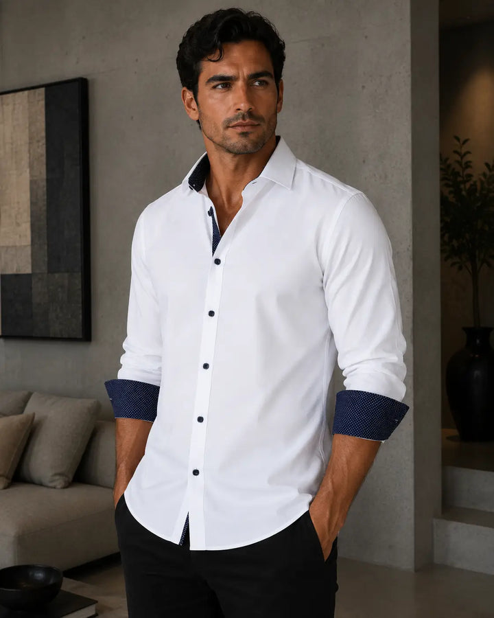 White Solid Contrast Cuff Long Sleeve Dress Shirt