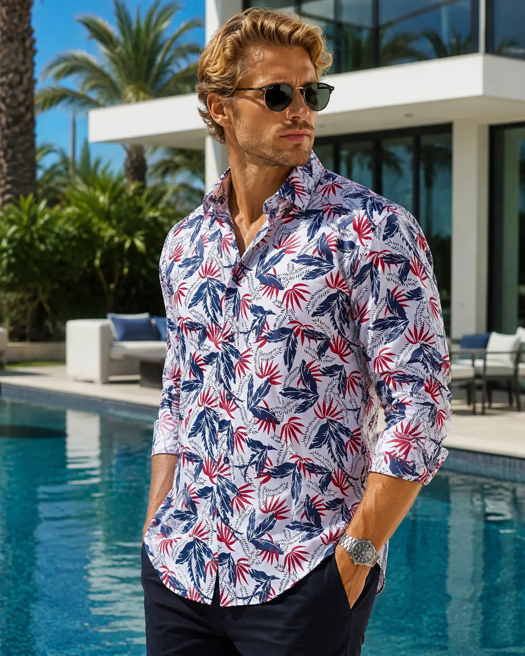 Men's White Leaf Print Button Up Long Sleeve Dress Shirt