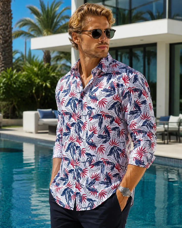 Men's White Leaf Print Button Up Long Sleeve Dress Shirt