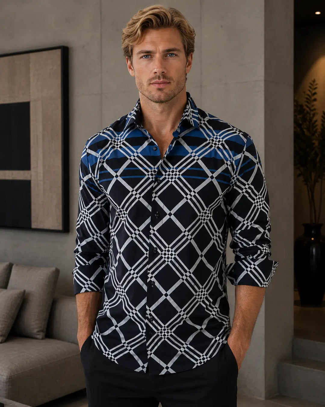 Men's Navy Diagonal Plaid Print Shirt with Stripe Yoke | Bespoke Moda
