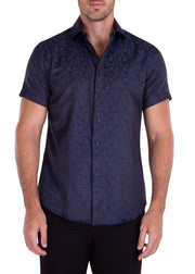 Navy Micro Paisley Button Up Short Sleeve Dress Shirt