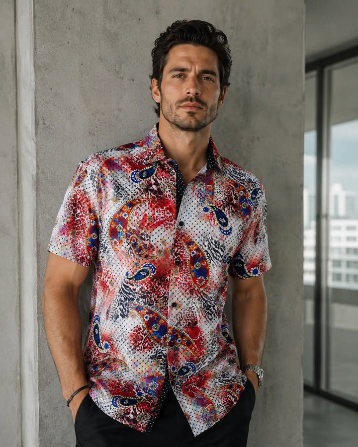 192182 - Men's Red Button Up Short Sleeve Dress Shirt