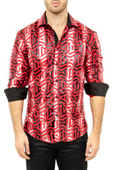 Red Geo Print Button Up Long Sleeve Dress Shirt