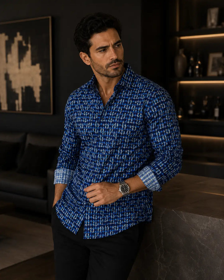 Geo Paisley Pattern Long Sleeve Dress Shirt Blue