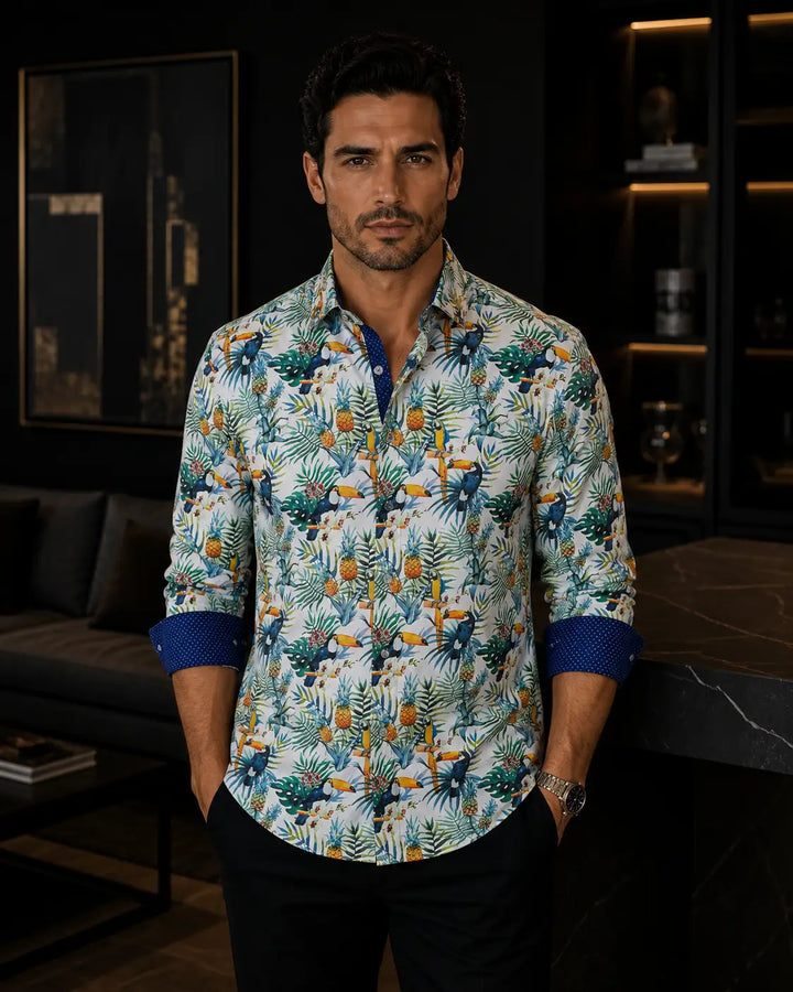Men's Toucan and Pineapple Button Up Long Sleeve Dress Shirt