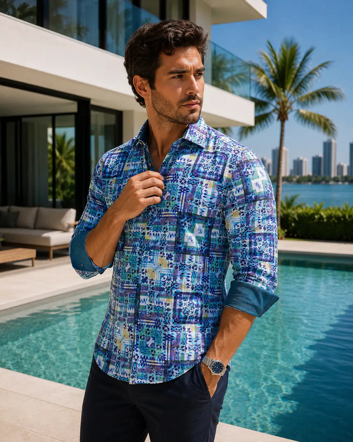 Men's Blue Printed Button Up Long Sleeve Dress Shirt