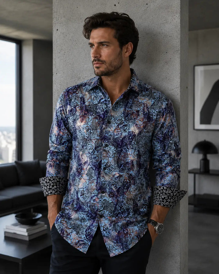 192465 - Metallic Accent Long Sleeve Dress Shirt Blue
