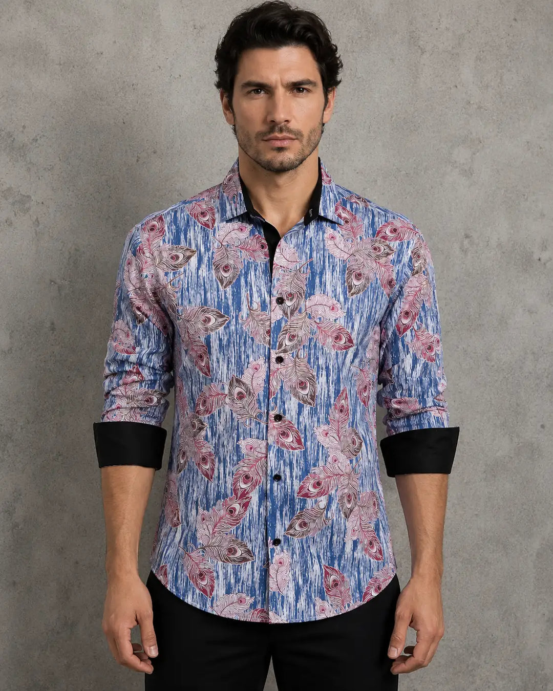 Peacock Feathers Print Long Sleeve Dress Shirt Blue