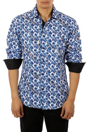 Men's Floral Cross Pattern Blue Button Up Long Sleeve Dress Shirt
