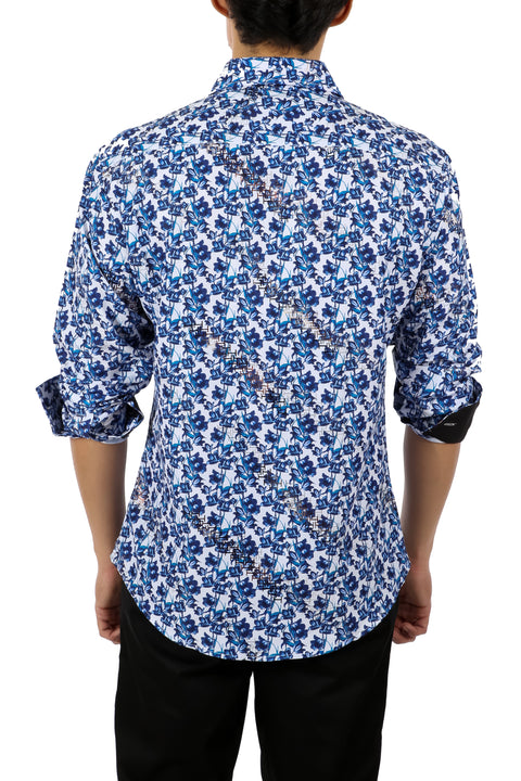 Men's Floral Cross Pattern Blue Button Up Long Sleeve Dress Shirt