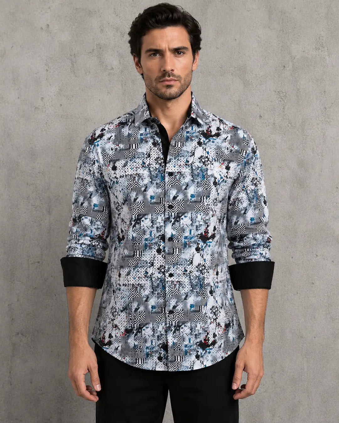 Abstract Contrast Print Button Up Long Sleeve Dress Shirt