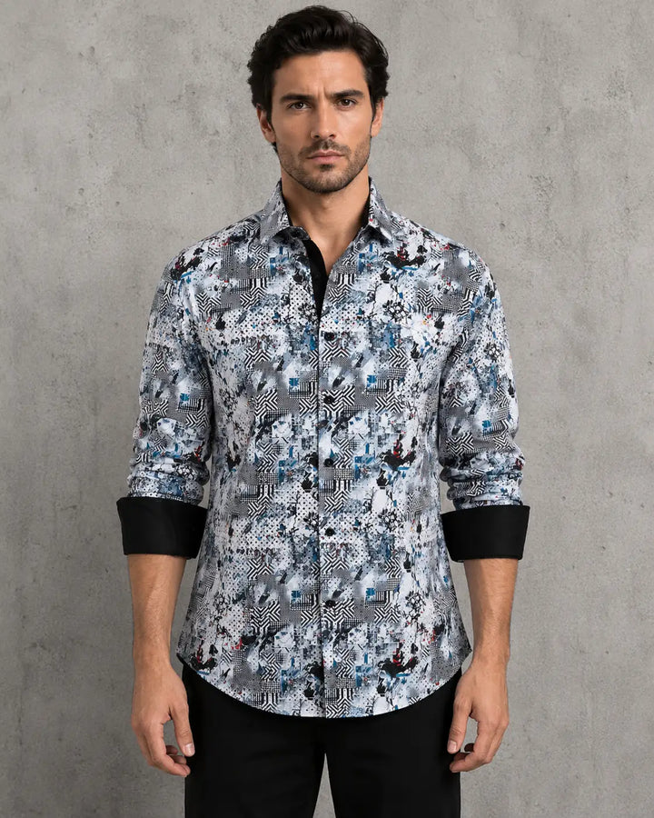 Abstract Contrast Print Button Up Long Sleeve Dress Shirt