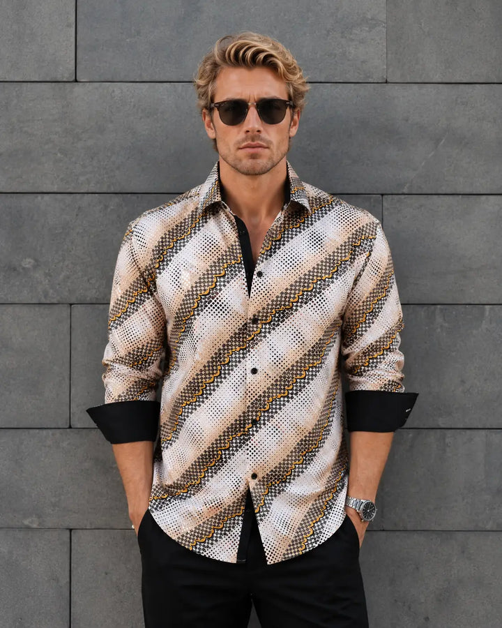 Men's Beige Button Up Long Sleeve Dress Shirt