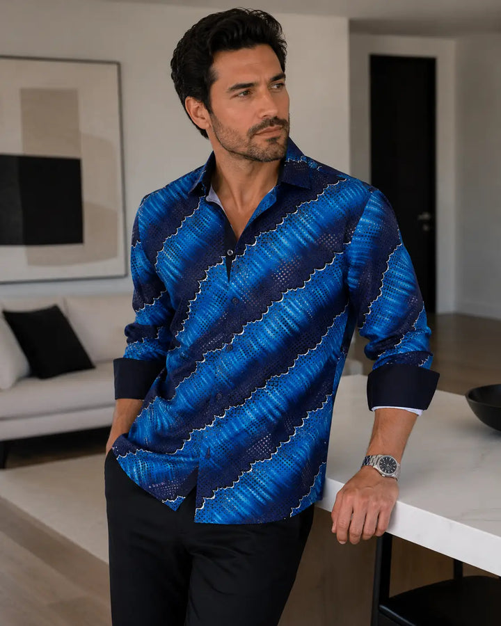 Men's Navy Geo Wave Button Up Long Sleeve Dress Shirt