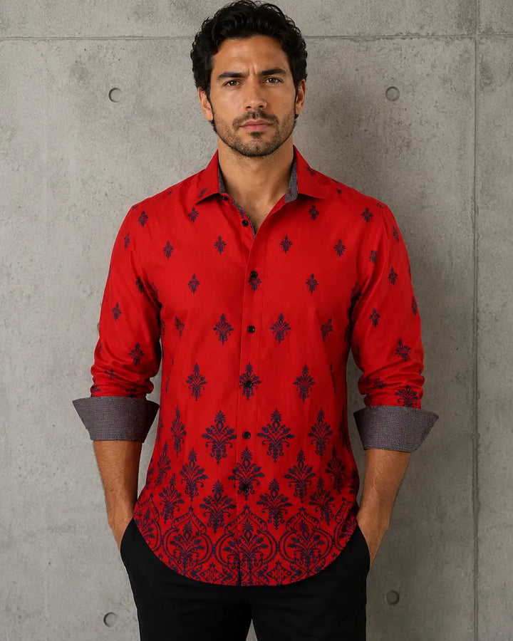 Decorative Damask Print Long Sleeve Dress Shirt Red