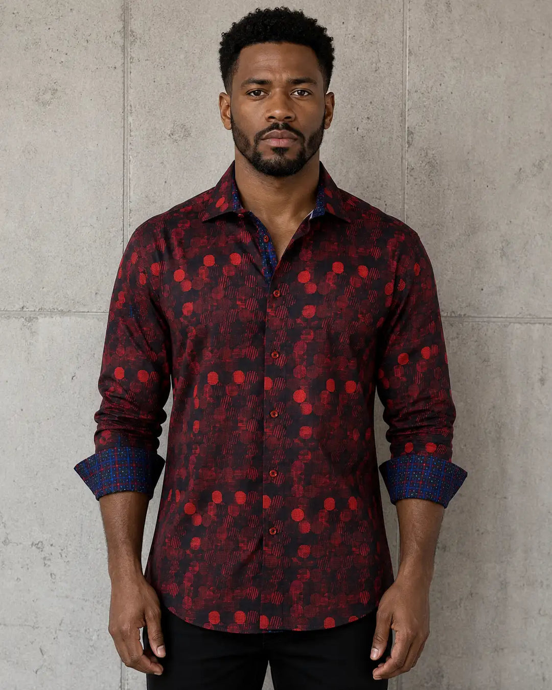 Men's Red Coin Print Button Up Long Sleeve Dress Shirt