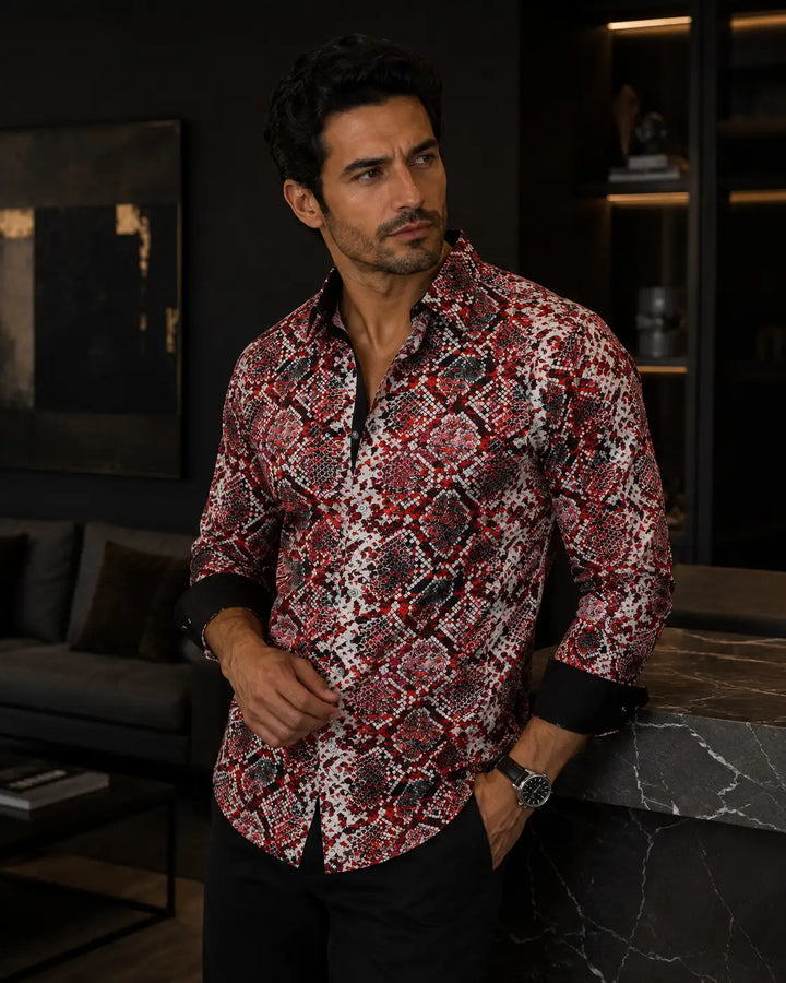Snake Skin Print Red Button Up Long Sleeve Dress Shirt