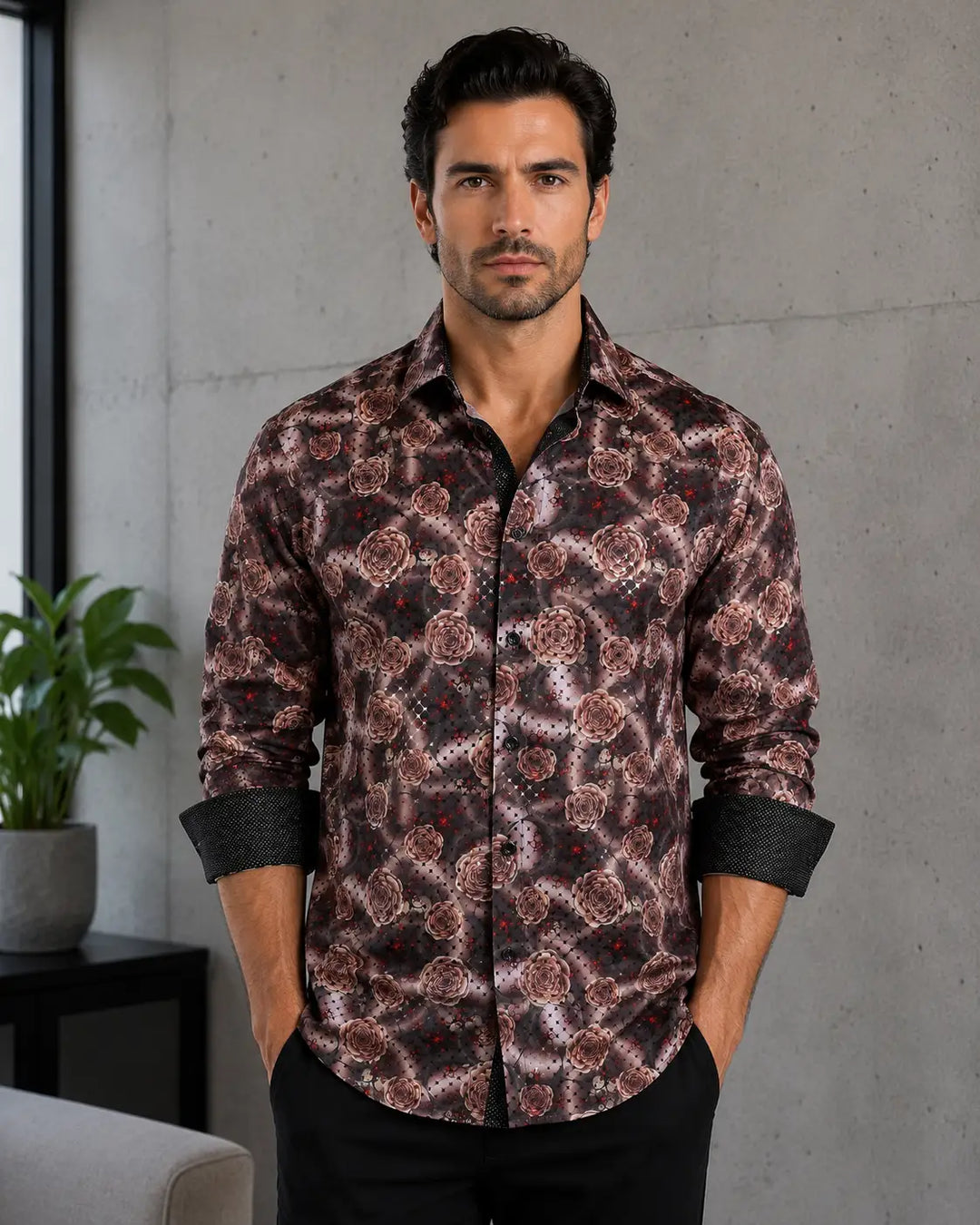 Graphic Rose Print Button Up Long Sleeve Dress Shirt