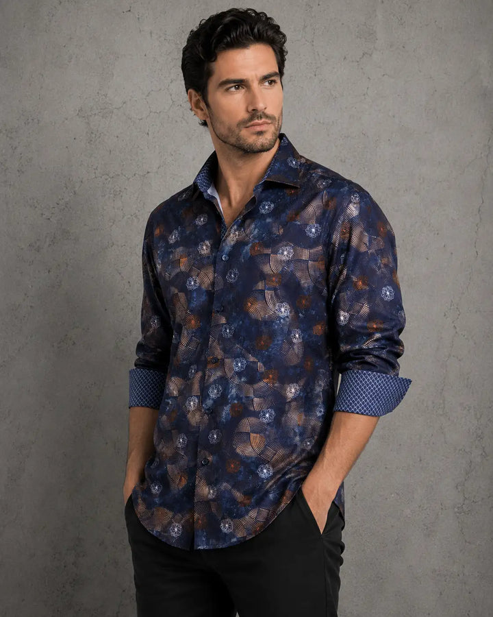 Men's Navy Printed Button Up Long Sleeve Dress Shirt