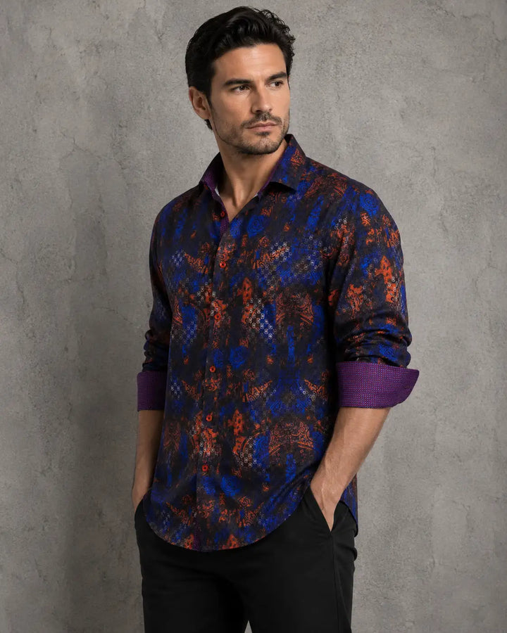 Abstract Orange and Blue Button Up Long Sleeve Dress Shirt