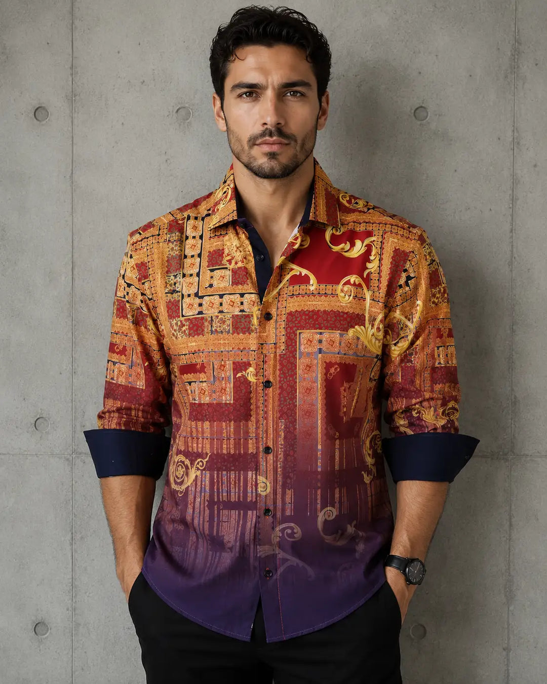 Men's Abstract Print Button Up Long Sleeve Dress Shirt