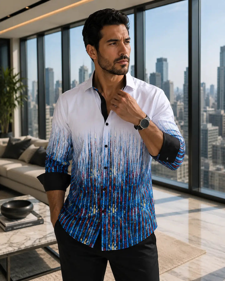 Men's Halftone Blue and White Button Up Long Sleeve Dress Shirt