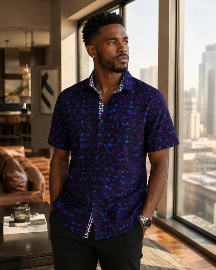 202104 - Men's Black Button Up Short Sleeve Dress Shirt
