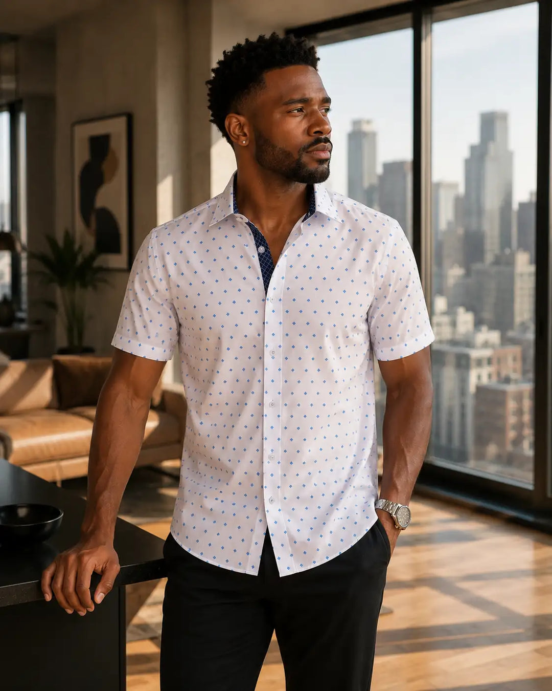 202122 - Men's Blue Button Up Short Sleeve Dress Shirt