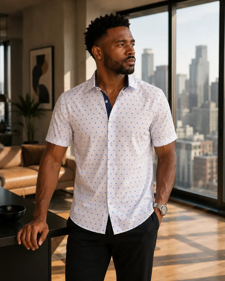 202122 - Men's Blue Button Up Short Sleeve Dress Shirt