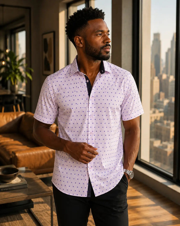 202122 - Men's Pink Button Up Short Sleeve Dress Shirt