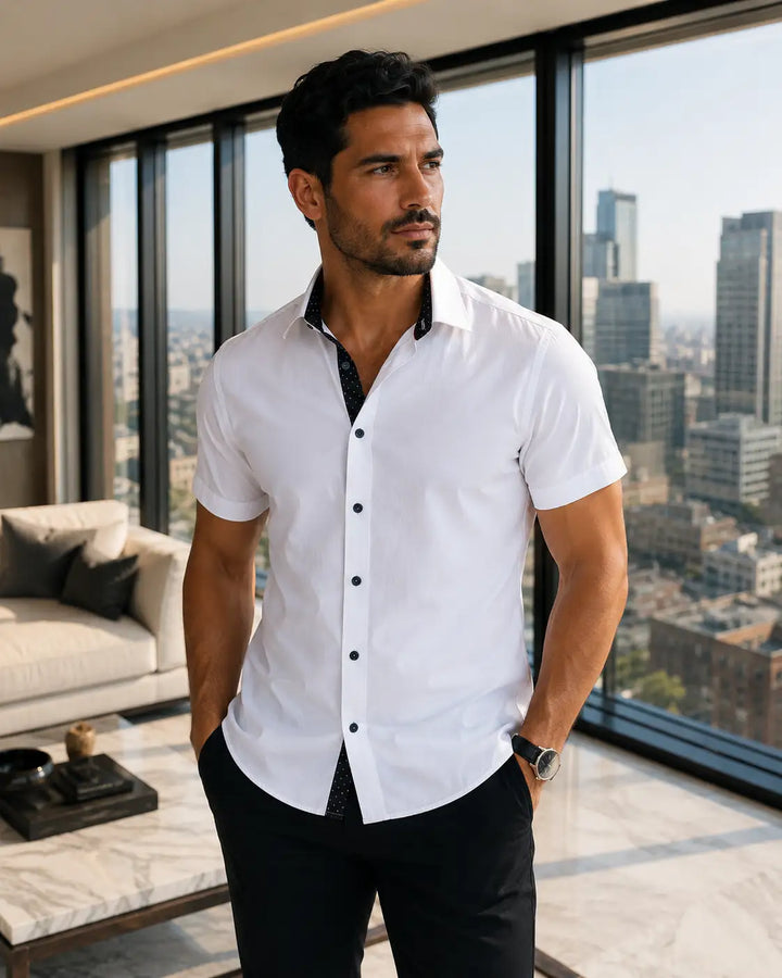202128 - Men's Window Pane Pattern White Button Up Short Sleeve Dress Shirt