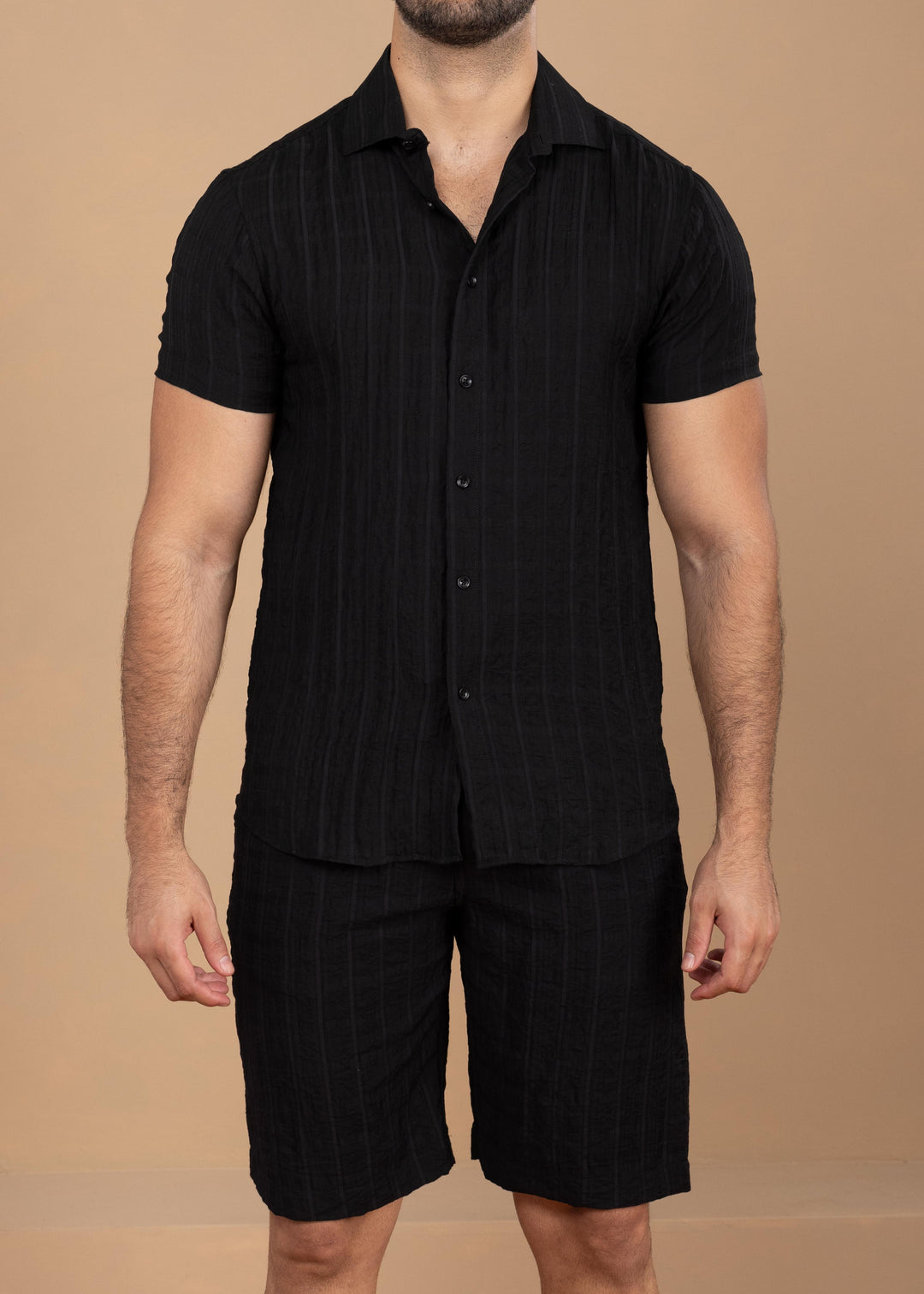 Crinkled Cotton-Linen Shirt & Shorts Set