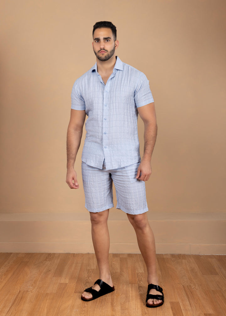 Crinkled Cotton-Linen Shirt & Shorts Set