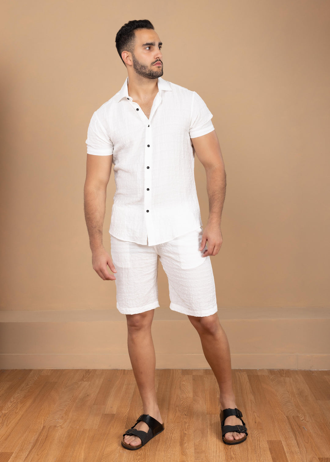 Crinkled Cotton-Linen Shirt & Shorts Set