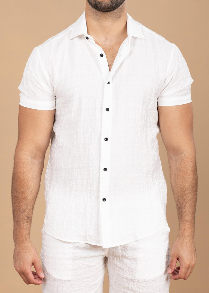 Crinkled Cotton-Linen Short Sleeve Shirt