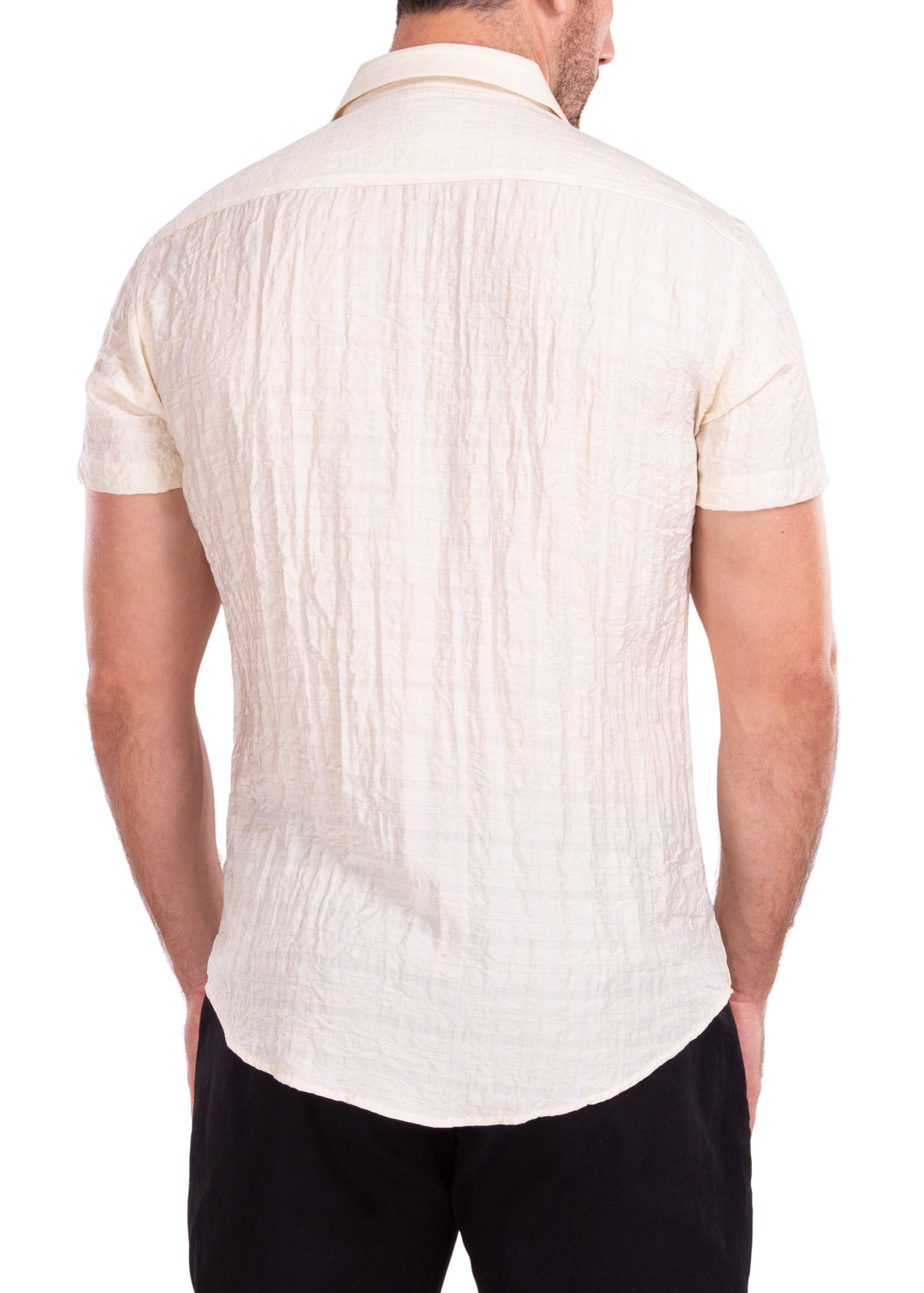 Linen Crinkle Texture Button Up Short Sleeve Dress Shirt