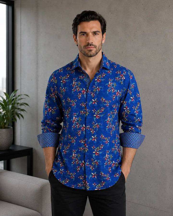 Oriental Lily On Canvas Long Sleeve Dress Shirt Navy