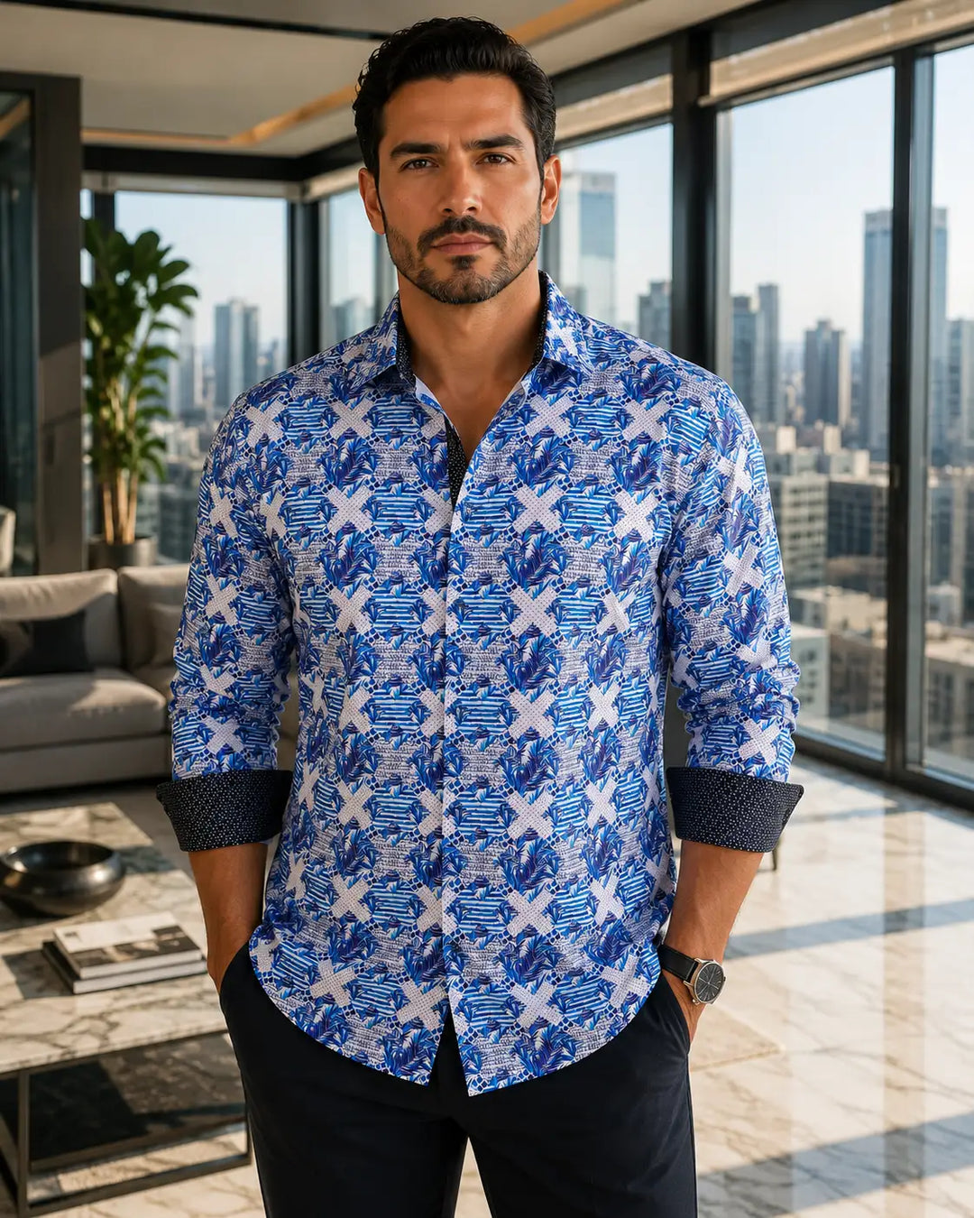 202210 - Men's Blue Button Up Long Sleeve Dress Shirt