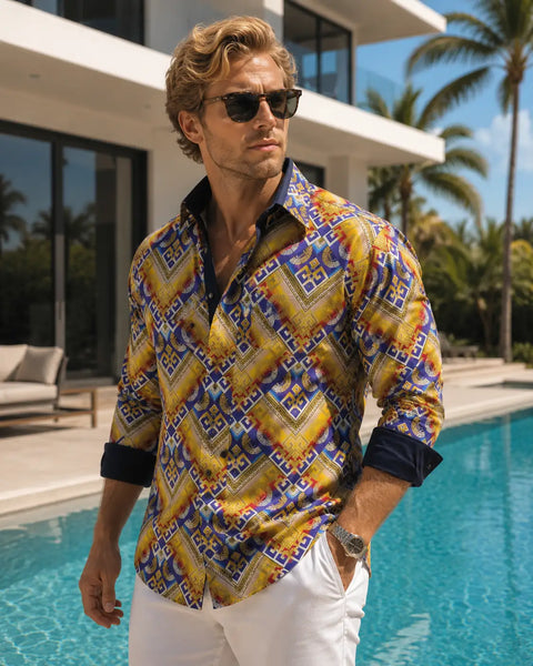 Men's GOLD Printed Button Up Long Sleeve Dress Shirt GOLD / XL