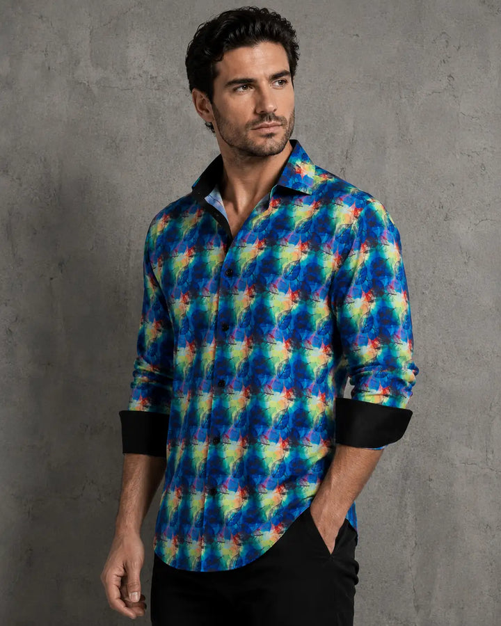 Men's Trippy Leaf Print Long Sleeve Shirt Blue
