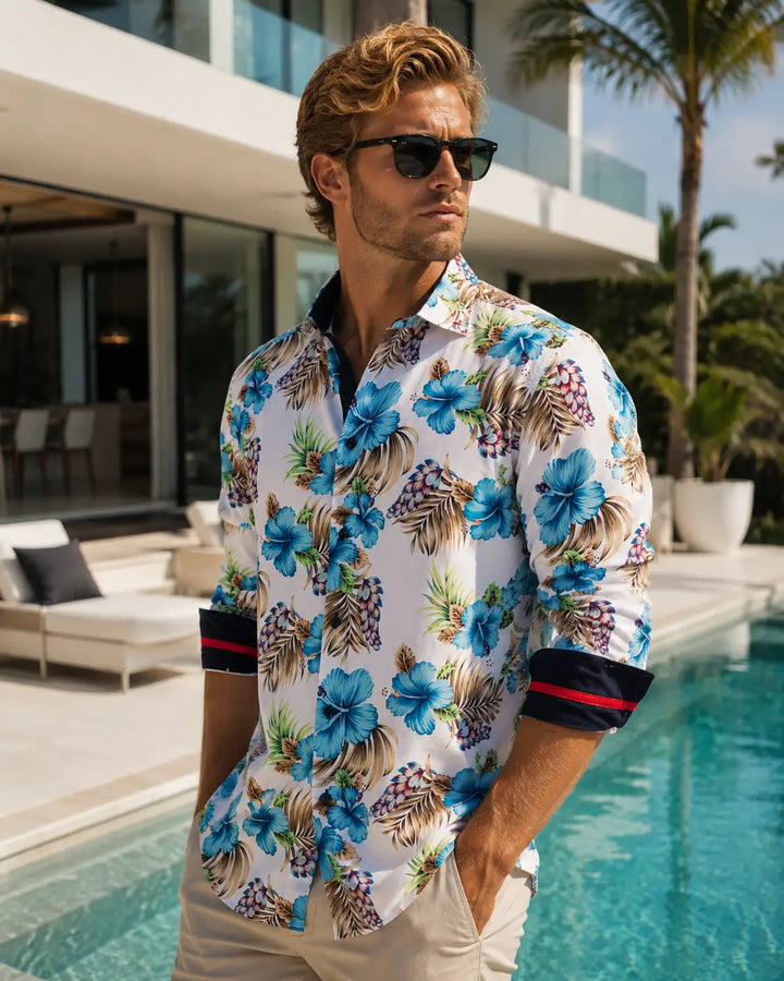 Blue Hibiscus Hawaiian Print Long Sleeve Dress Shirt White