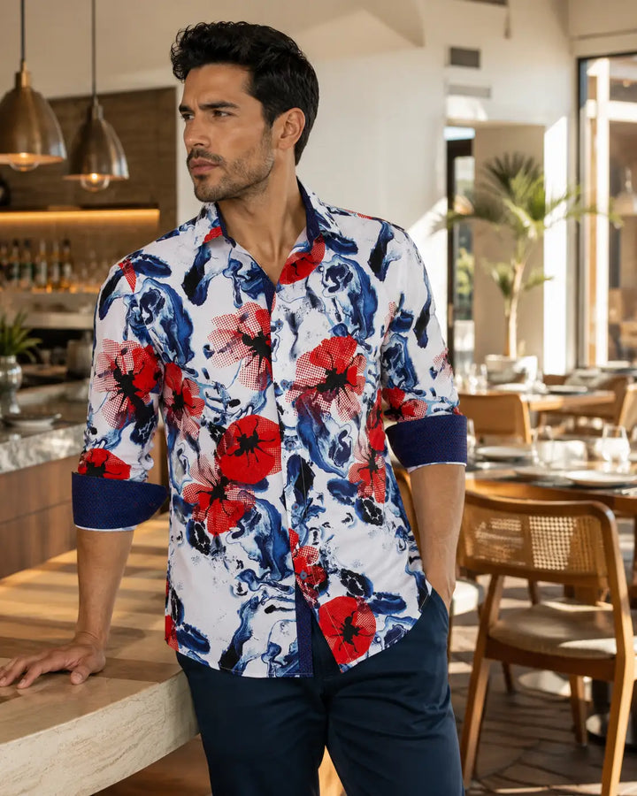 Abstract Floral Print Long Sleeve Dress Shirt Blue