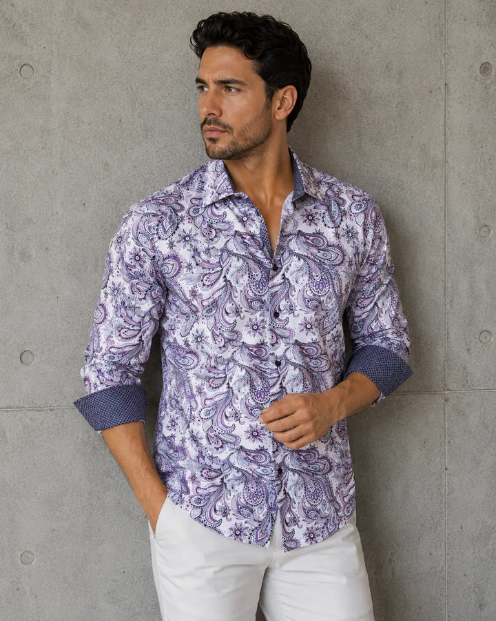 Wild Paisley White Button Up Long Sleeve Dress Shirt