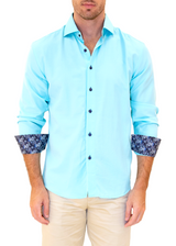 Diamond Microprint Mushroom Cuff Long Sleeve Dress Shirt Turquoise