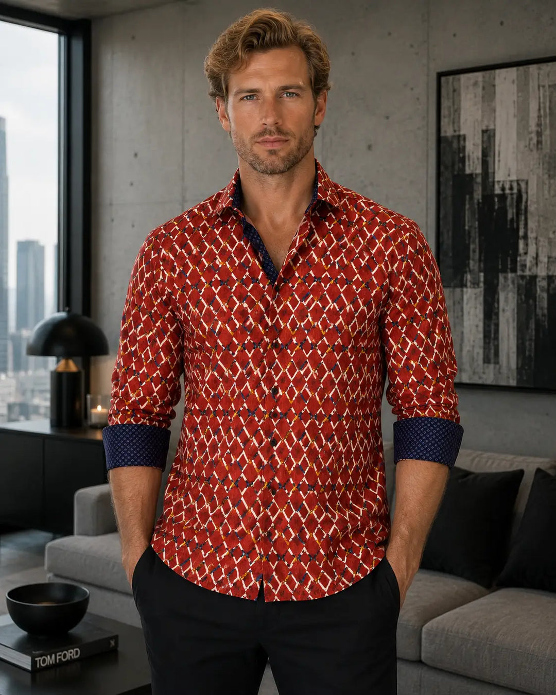 Lattice Pattern Floral Accent Long Sleeve Button Up Dress Shirt Red