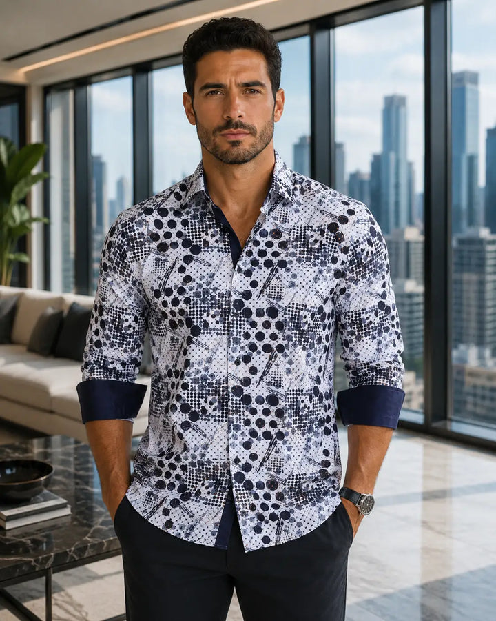 212250 - Abstract Metallic Windowpane Long Sleeve Dress Shirt White
