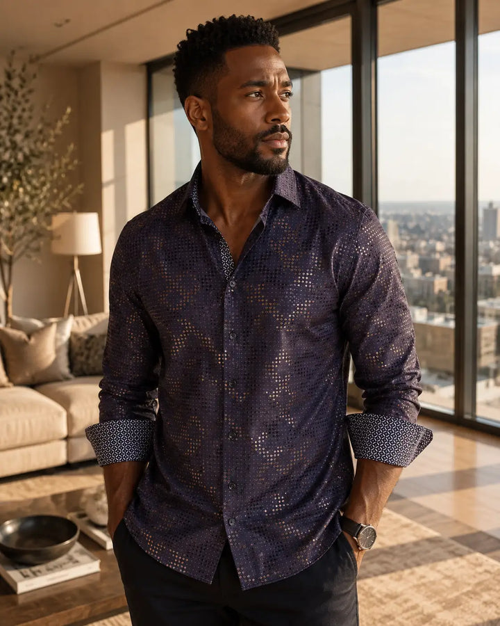 Metallic Geo Print Long Sleeve Dress Shirt Black