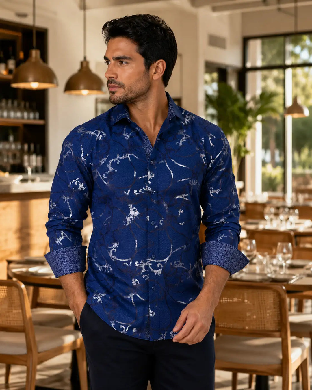 Abstract Metallic Accent Chain Print Long Sleeve Dress Shirt Navy