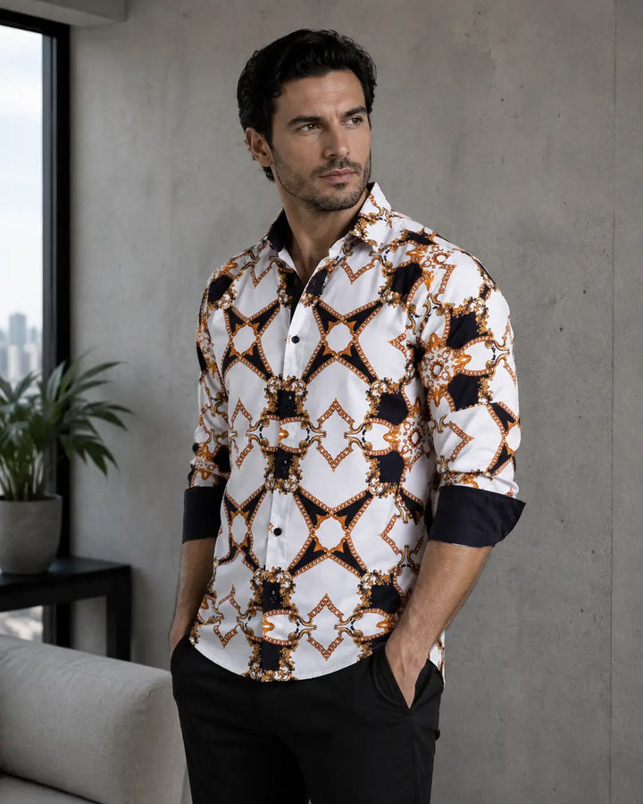 Symmetrical Chain Print Button Up Long Sleeve Dress Shirt